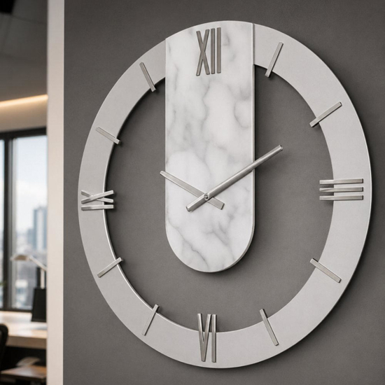 Orologio a parete rotondo effetto marmo dettagli foglia argento 50cm